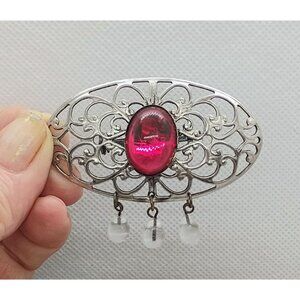 Vtg Silver Open Work Scroll Brooch Red Jelly Belly Cabochon w/ Crystal Dangles